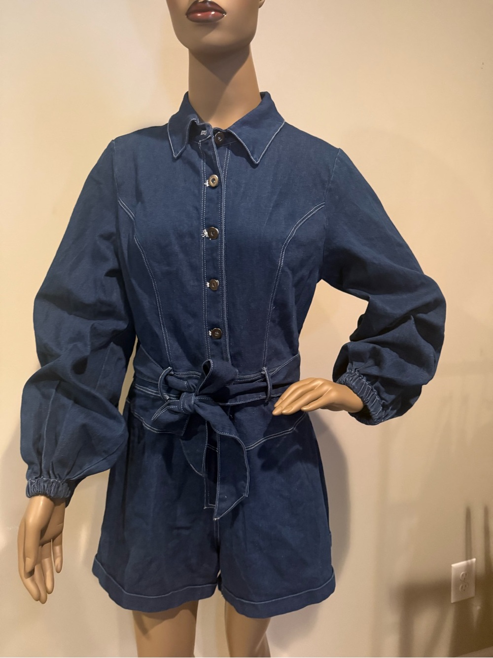 Dark Blue Denim Women's Jean Overall Romper with Tie Waist